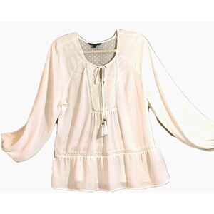 Signature Studio Blouse Women's  Boho Cream Peasant Sleeve Embroidery Crochet Lg